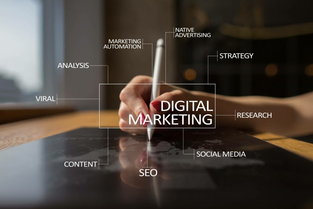 Digital Marketing Concept on Virtual Screen | Growth99 | Website Development, Digital Marketing, SEO in USA